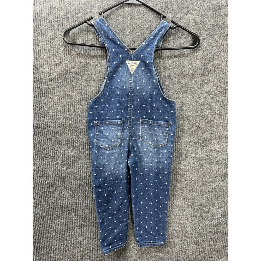 Oshkosh B'Gosh Denim Vestbak Overalls Toddler 3T Blue Polka Dot Snap Button Jean